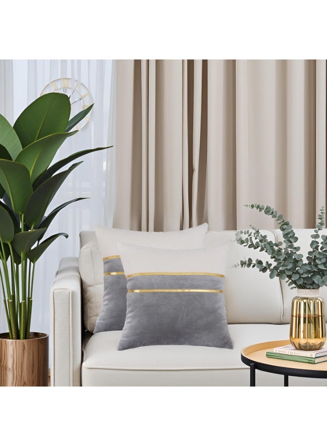 Cushion Covers, Set of 2 Velvet Pillow Covers with Golden Leather, Decorative, Modern, for Sofa/Couch, Garden Bed, Living Room, Bed Throw Cushions ,Gray, 45 x 45cm - Image 5
